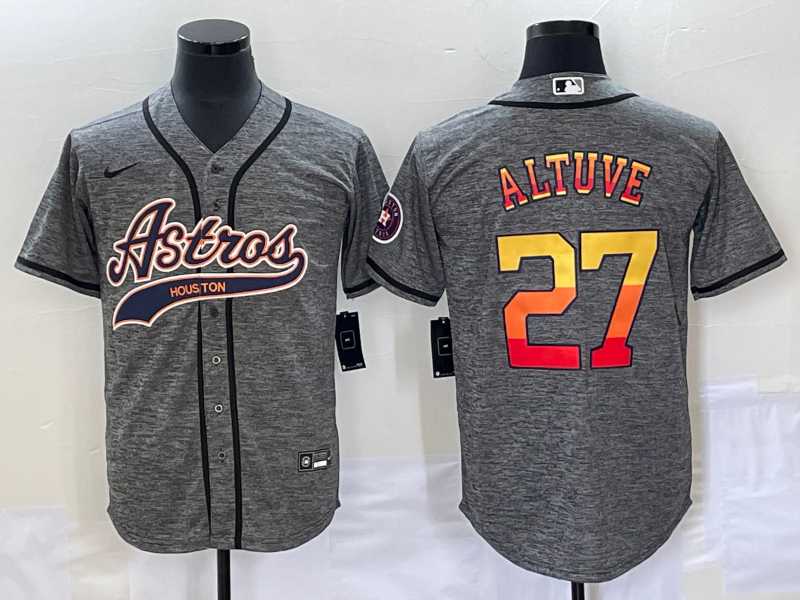 Mens Houston Astros #27 Jose Altuve Grey Gridiron Cool Base Stitched Baseball Jersey